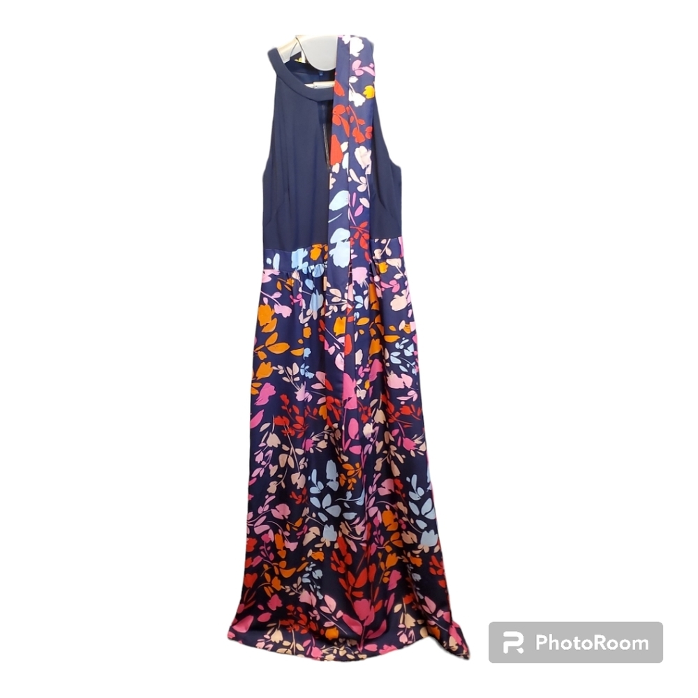Vince Camuto Colorful Navy Pink Orange Halter w/ Keyhole Maxi Dress w/ Sash sz 2 - Picture 1 of 15
